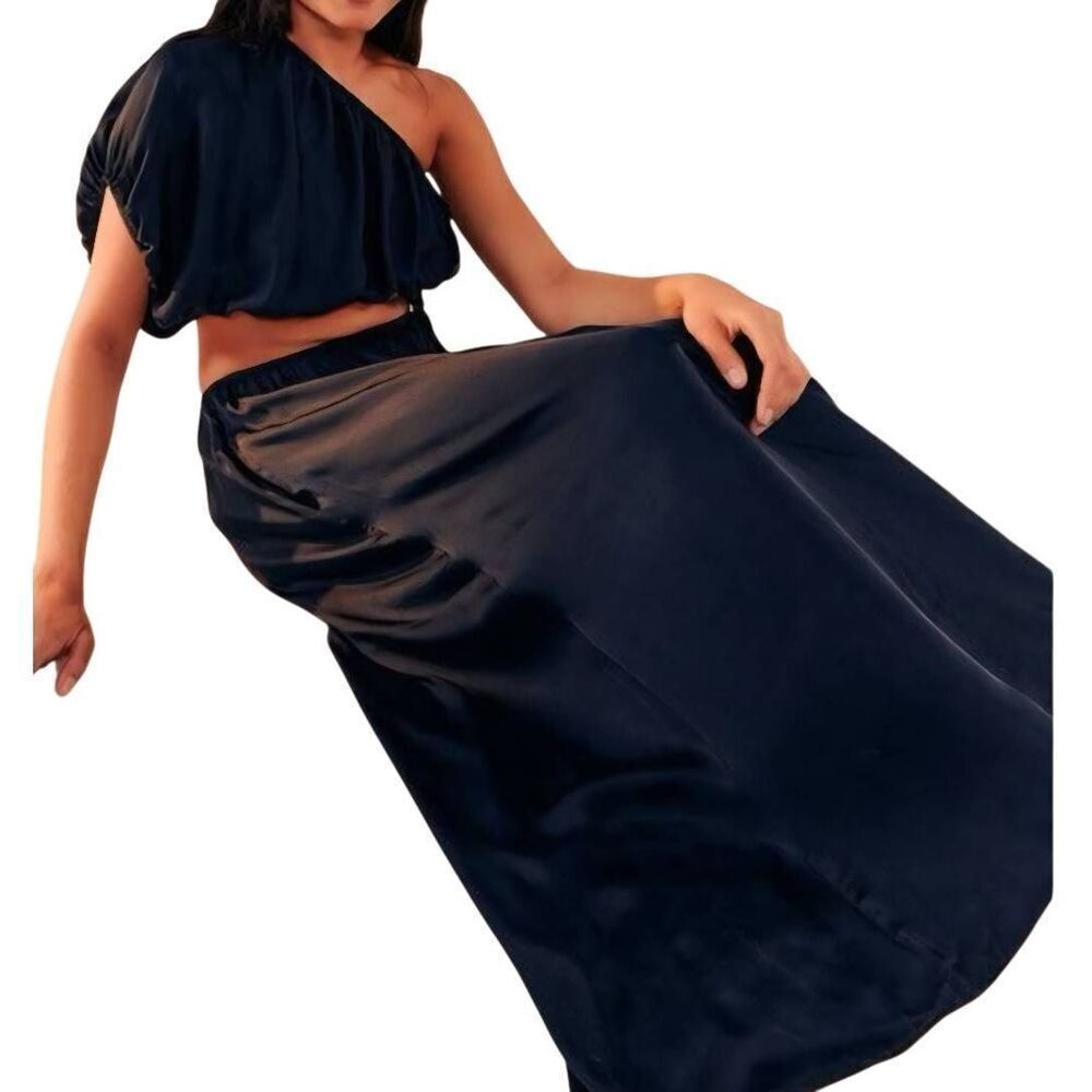 NWT Farm Rio Dress Women's Medium Black One Shoulder Midi Satin Ecovera